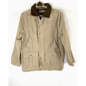 Vtg Lands End Chore Coat Mens Medium Field Barn Coat Plaid Lined 100% Cotton Tan
